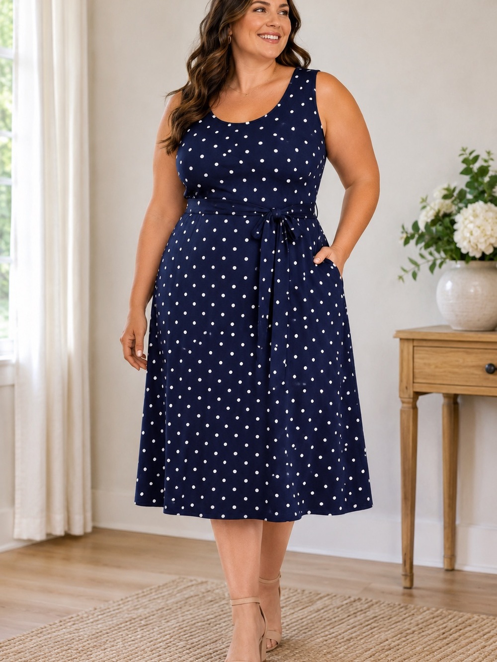 Charter Club Navy White Polka Dot Belted Fit Flare Midi Dress